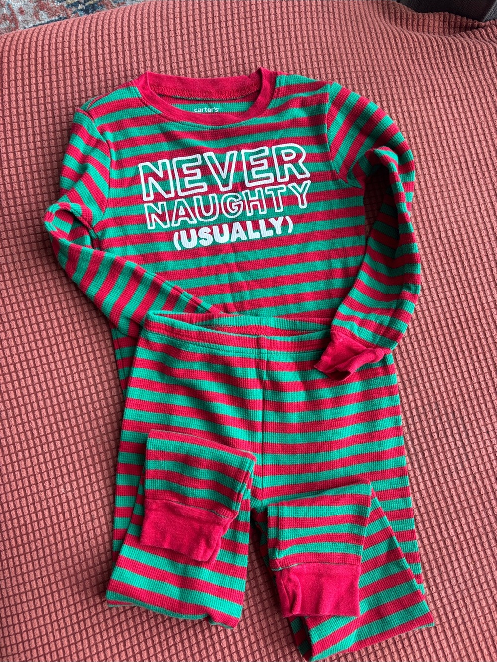 Carter's Red & Green Striped One-Piece Pajamas with 'Never Naughty (Usually)'